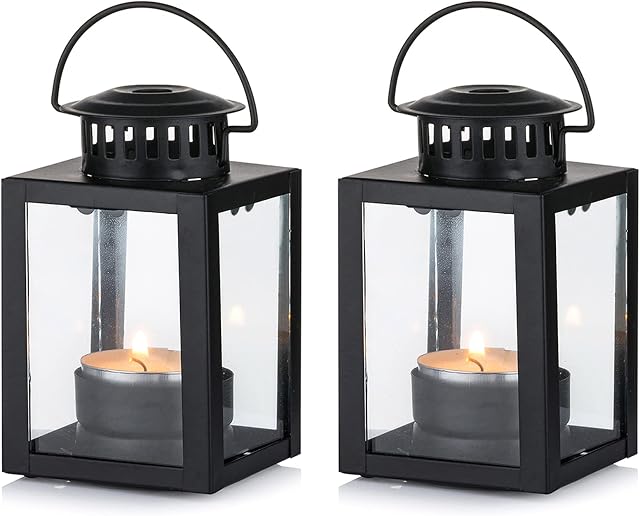 Nuptio Lanterns for Candles Garden Lanterns, 2 Pcs Vintage Style Hanging Small Lanterns for Tealight Candle, Black Candle Tea Light Holders for Indoor Outdoor Events Birthday Party Wedding
