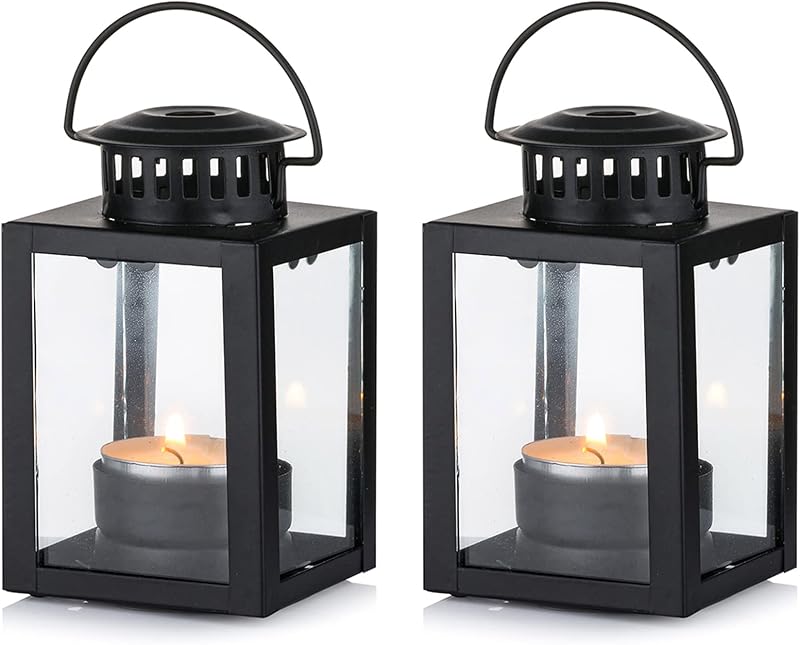 NUPTIO Linternas de Jardín para Velas Candelita, 2 Piezas Linterna Pequeña Colgante | Portavelas de té negro estilo vintage para interiores y exteriores, patio, porche, eventos, fiesta de cumpleaños, boda