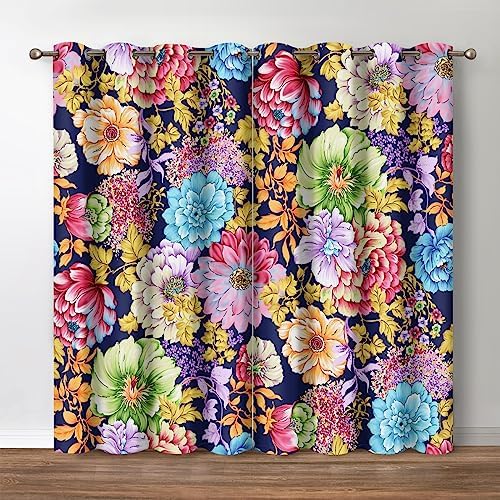 Jekeno Bohemian Colorful Floral Blackout Curtains Boho Multicolor Mandala Flower Print Grommet Privacy Drapes Decor Apartment Bedroom Living Room Darkening Window Treatments 2 Panels Set, 52×84 Inch