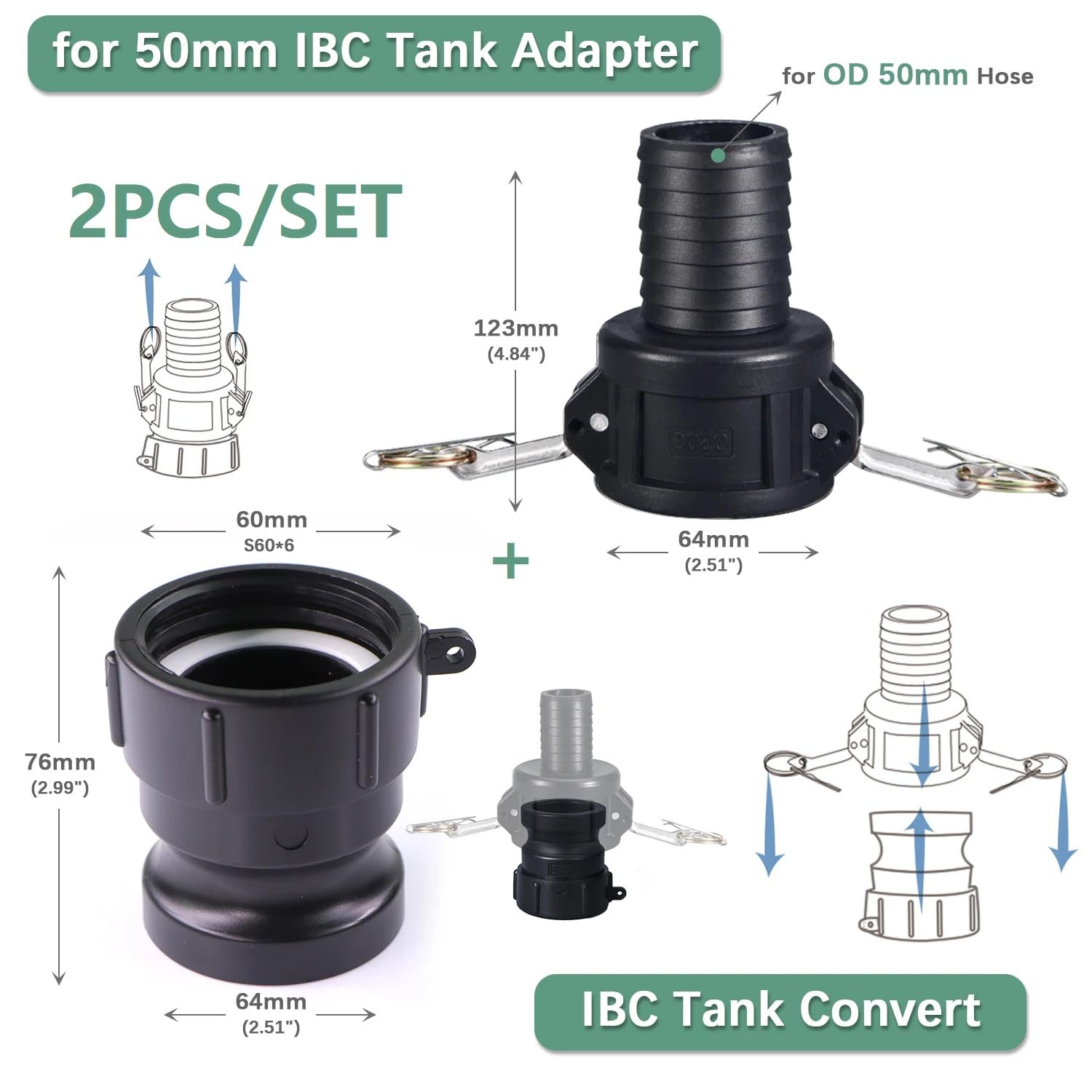 MiJunHD IBC Tank Adapter S60*6 60mm Coarse Thread Cam Lock Coupling & 2inch/50mm Hose Barb Tail Connector for Storage Tanks,IBC Barrel Quick Connect Joint (2Piece/Set) - Image 2