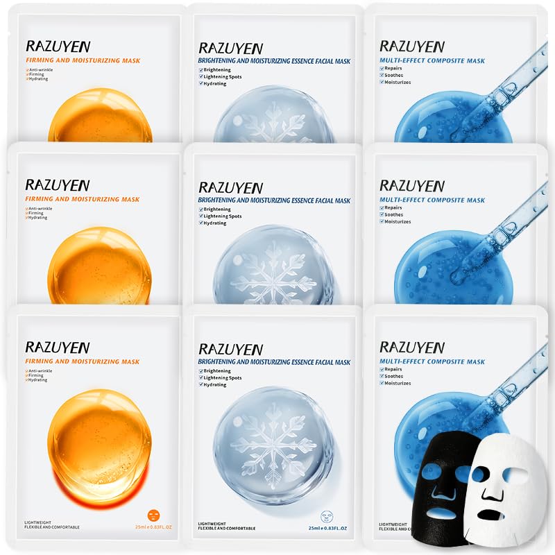 RAZUYEN Gesichtsmasken-Set mit Peptiden, Vitamin C und Panthenol B5 – Anti-Aging, Aufhellend, Beruhigende Gesichtspflege für alle Hauttypen, Feuchtigkeitsspendend und Straffend (9 Masken)