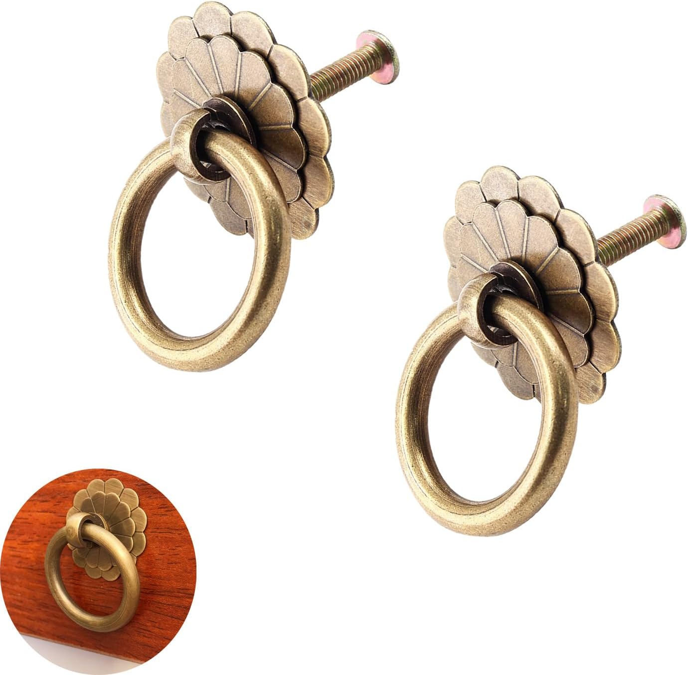 2 Pack Drawer Knobs Vintage Antique Floral Brass Drop Ring Knobs Hardware Cabinet Pull Drawer Pulls Ring Handle Knob for Nightstand Bed Side Table Bedroom Drawers Dresser Night Stand End Table