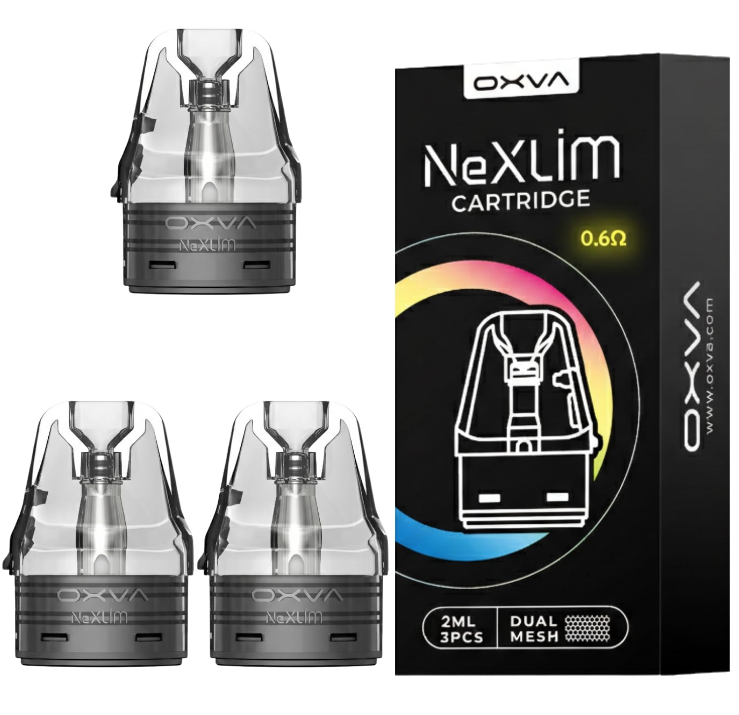 OXVA NeXLIM Pods (0.6Ω, 0.8Ω, 1.2Ω Dual Mesh, 3 Pack) – Works with NEXLIM Kit only, 2ml Refillable Top-Fill Cartridges – No Nicotine (0.6 ohm)