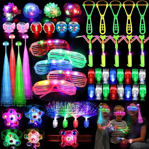 73PCS Glow in the Dark Party Supplies for Kids Adults, Light Up Party Favors with Glow Glasses, Spinner Bracelets, Slingshot, Bulk Glow Party Favors for Kids Halloween, Neon Party Supplies Accessories