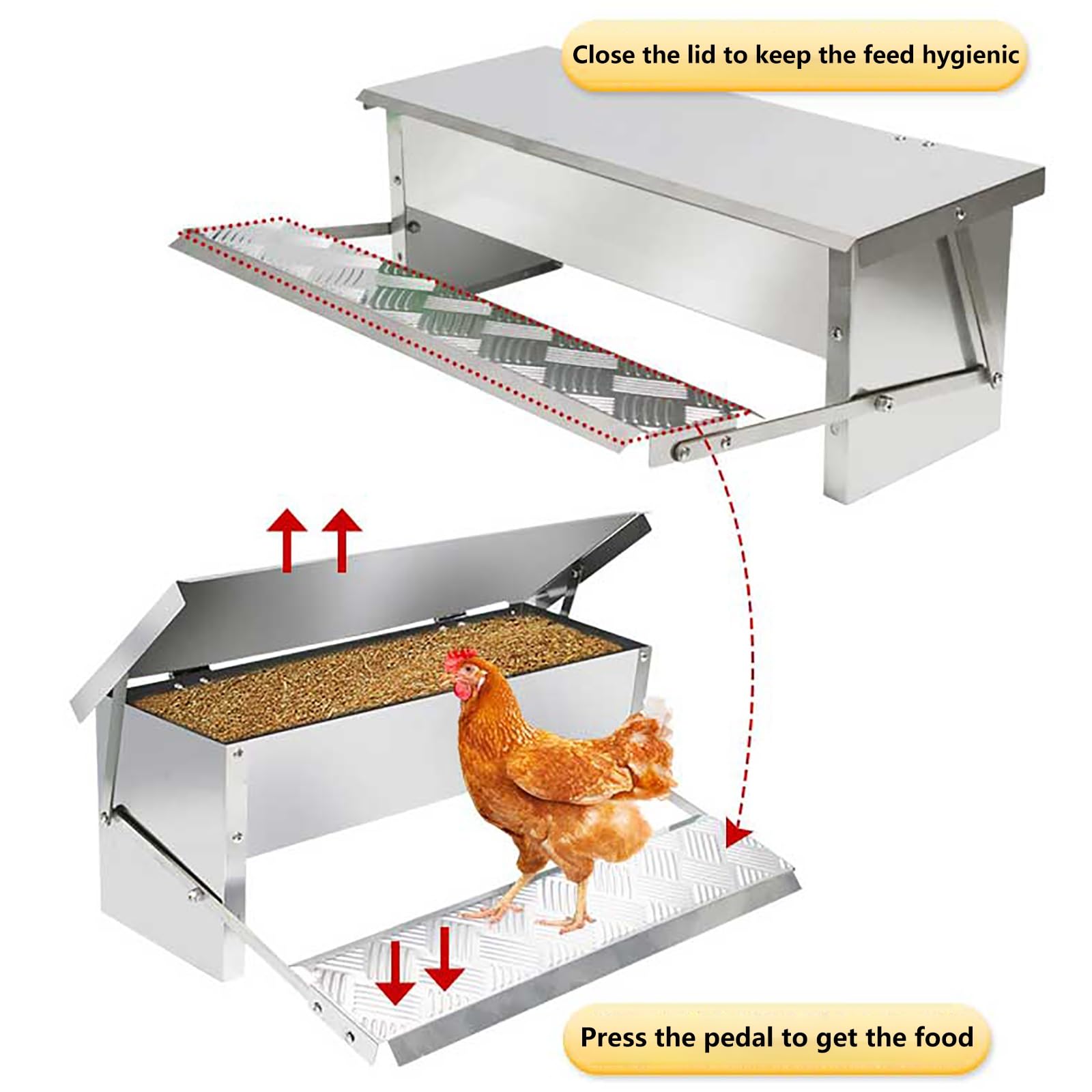 Comedero automático para pollos, sin residuos, de acero inoxidable, con diseño resistente a la intemperie y estructura estable, cubierta superior para una fácil gestión de la alimentación