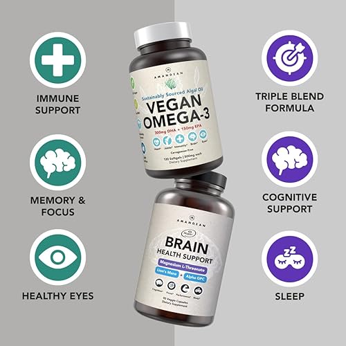 Miniatura 2 de AMANDEAN Paquete de Omega-3 para cerebro y vegano treonato de magnesio, melena de león cultivada en Estados Unidos 61, alfa-GPC y algas DHAEPA.