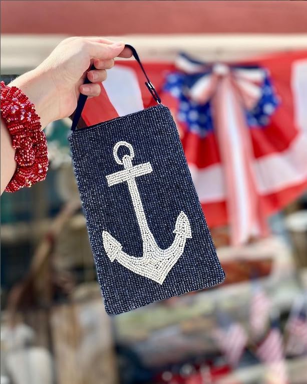 Nautical Anchor Club Bag Beaded Phone Crossbody, Navy Multi4