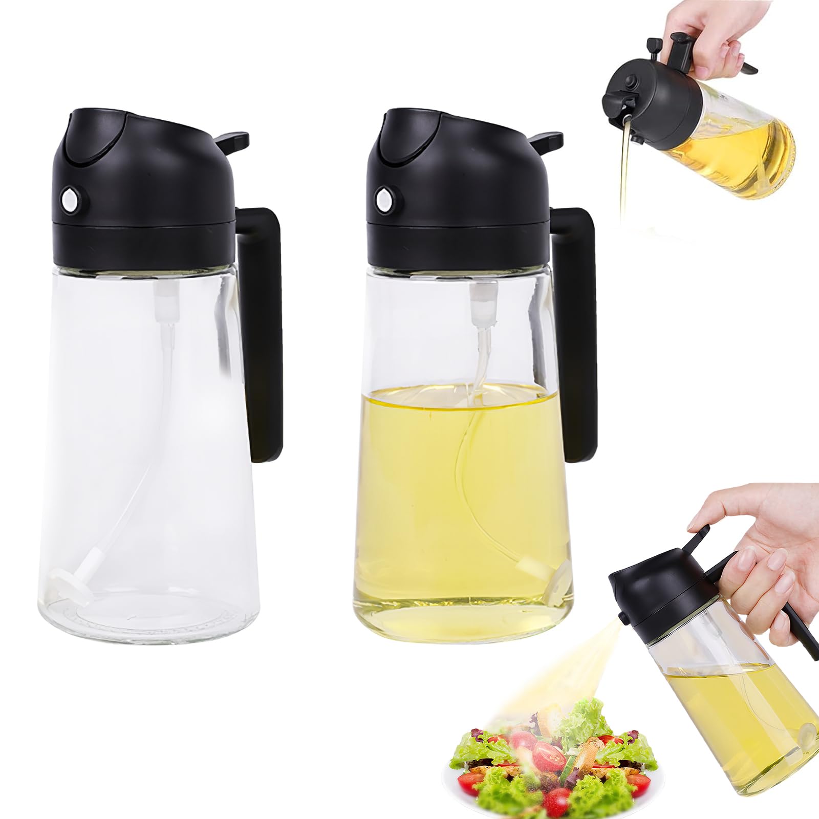 Jianglai Black Glass Olive Oil Sprayer Dispenser Bottle For Kitchen, 2 In 1 Olive Oil Dispenser And Oil Sprayer 16Oz/470Ml For Cooking, Air Fryer, Salad, Barbecue, 2Pcs (Black)