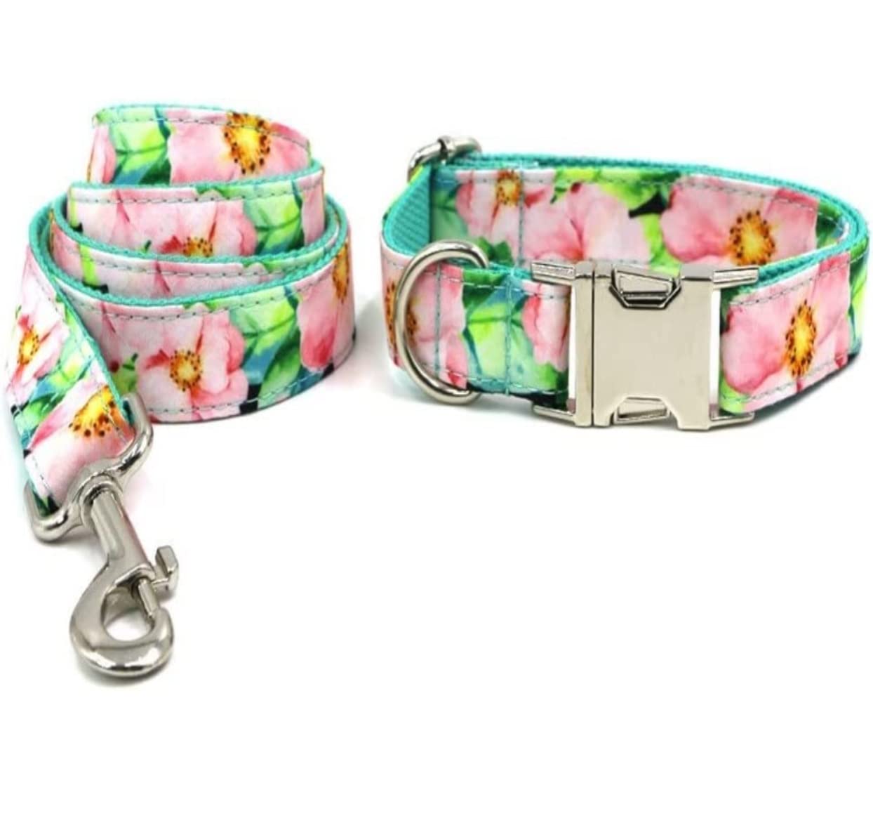 Correa Perro Collar para Perro Mascota, Estampado Floral Rosa Personalizado, Bonito Conjunto De Collar Y Correa para Perro, Hebilla De Liberación Rápida Correa Perro Suave(42-48cm)