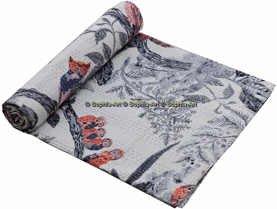 Sophia-Art New Handmade Indian owl Printed Kantha Quilt owl Blanket Throw purè Cotton King Size Kantha Quilt owl Printed Kantha Blanket (Gray, 60x90 Inches)
