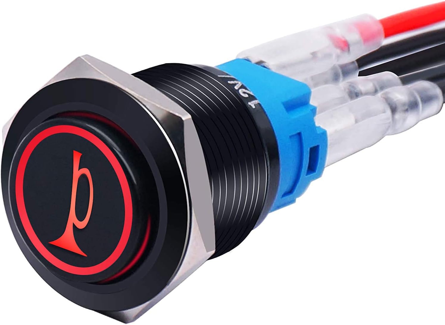 mxuteuk 19MM Raised Speaker Horn Momentary Push Button Switch 3/4" Mounting Hole 12V Red Led Light Black Stainless Steel Shell 1NO 1NC SPDT with Pre-wiring Wires Switch For Car Modification BKG19LB-R