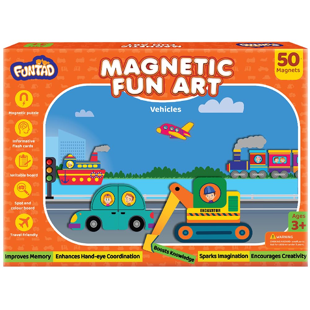 Funtad Magnetic Fun Art Puzzle - Vehicles|4-in-1 Travel Friendly Educational Toy with Writable Board|50 Magnetic Pieces with Informative Flash Cards |Birthday Gift for Boys & Girls Age 3,4,5 & 6 yrs