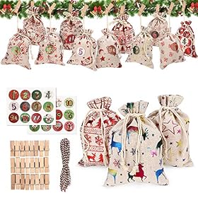 Wokkol Calendriers de l&rsquo;Avent, DIY Sachets en Jute pour Calendrier de l&rsquo;Avent à Remplir, Sac en Toile de Jute Pochettes Sacs Surprise Noël Sachets de Confiserie Calendriers de Noël(24PCS -12Modèles)