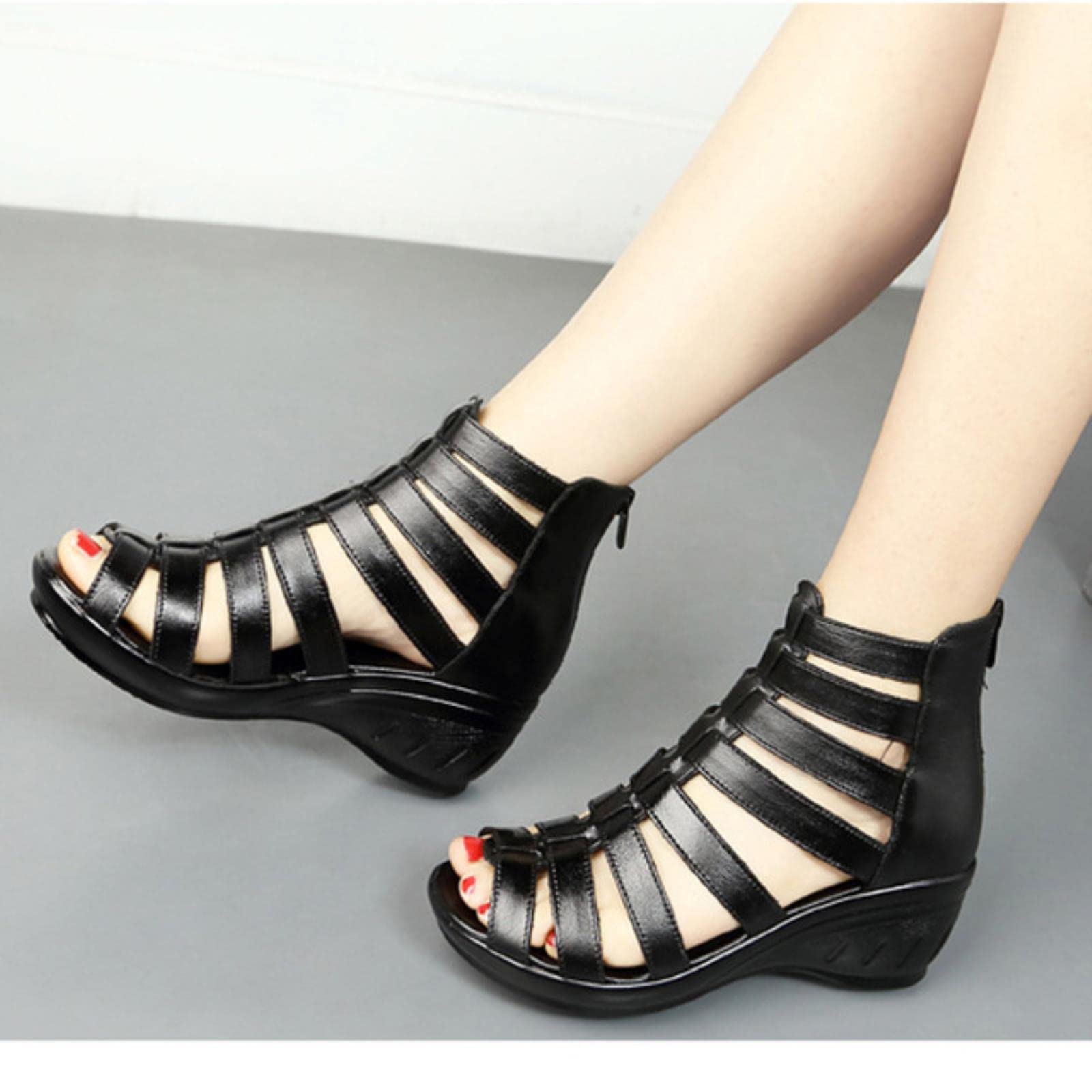 Ecoodisk Women's Black A Summer Sandals Shoes Fish Mouth Ankle Hollow Round Toe Sandals Soft Sole Shoes Fashion Sandalias