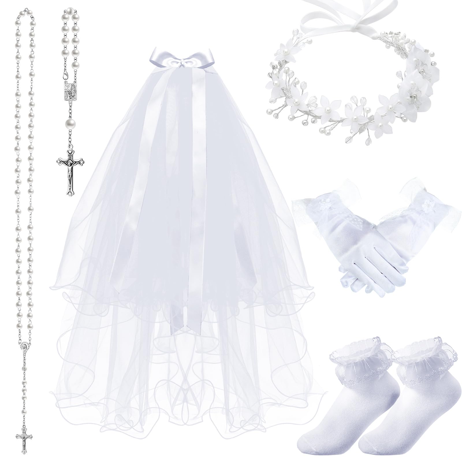 Funtery 6 Pcs First Communion Veils Girls Catholic Set 1st Communion Wreath Veil Headpiece Sock Necklace Bracelet Kid Wedding(Delicate Style)