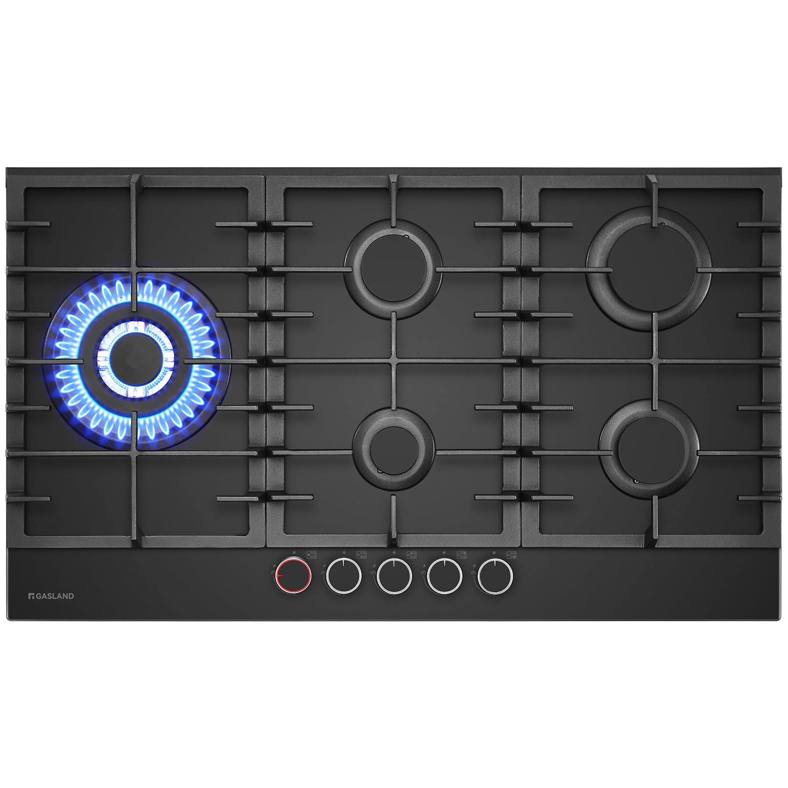 GASLAND PRO GH2905BG1FC Encimera de vidrio negro, 5 fuegos con mandos retroiluminados, 87 cm, quemadores de latón, apta para gas butano, potencia 10400 W, Compatible con gas natural/GLP