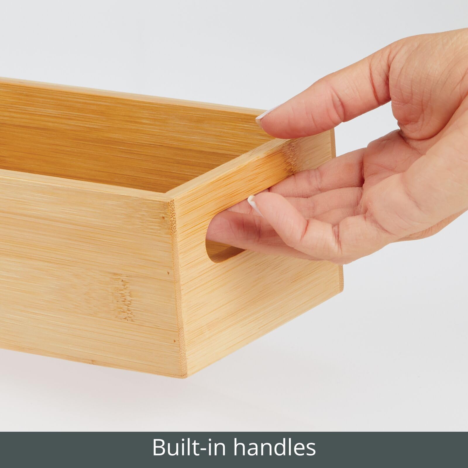 mDesign Juego de 2 cajas de almacenamiento con asas, práctica caja de madera para almacenamiento de alimentos, especias, nueces o botellas, bandeja de bambú abierta para cocina, color bambú