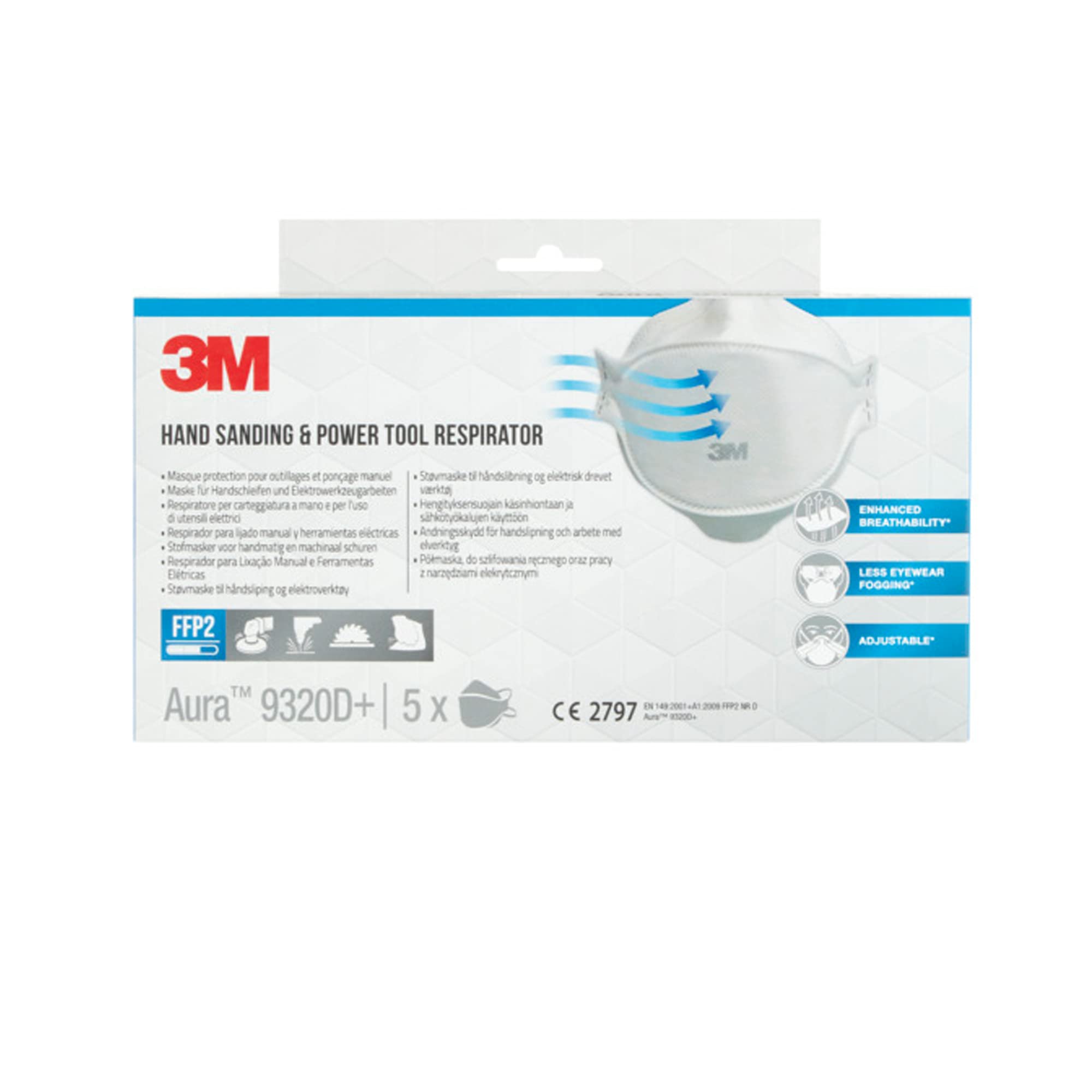 3M Aura 9320D+ FFP2 - Mascarilla de protección respiratoria desechable con partículas FFP2, sin válvula, 5 unidades/caja