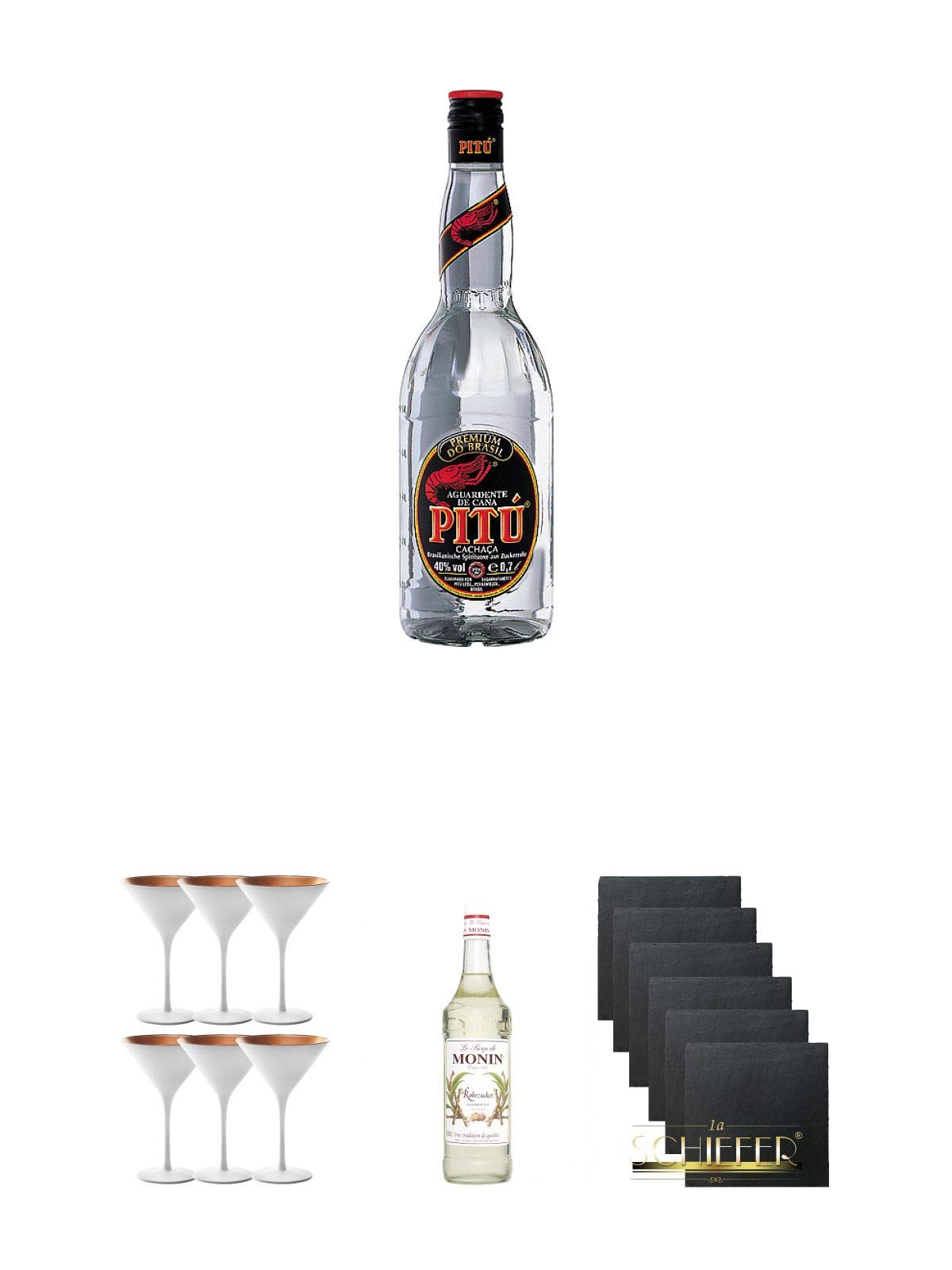 Pitu Cachaca 0,7 Liter + Stölzle Cocktail-und Martiniglas Olympic Serie 6 Gläser - 1408825 + Monin Rohrzucker pur Sirup 0,7 Liter + Schiefer Glasuntersetzer eckig 6 x ca. 9,5 cm Durchmesser