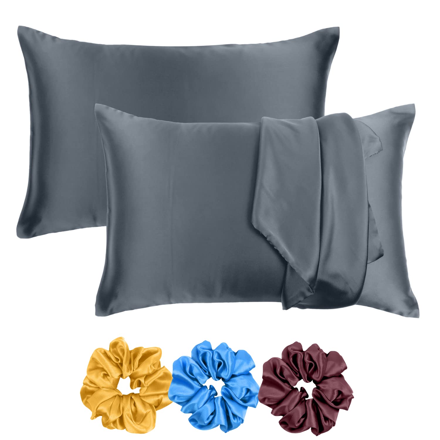Riara Satin Silk Pillowcase Pillow Case Covers with Envelop Closure for Hair and Skin Home Bed Decor Set of 2 Pillowcase Free 3 Pc Scrunchie (Queen Size (20"x30"), Castlerock Gray)