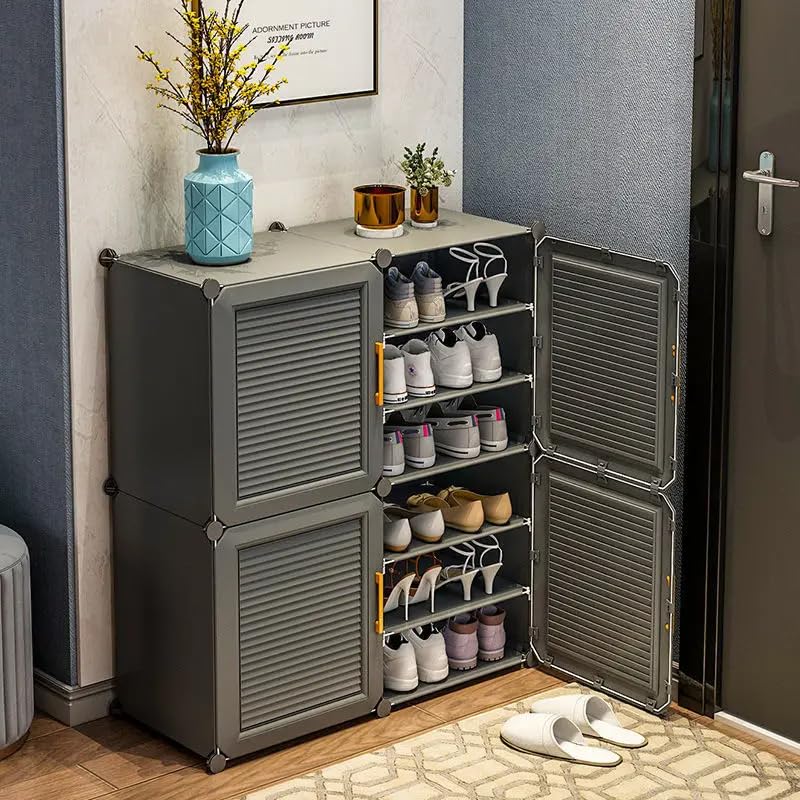 Image of Mevigo 12-Shelf Portable Shoe Rack for Home Plastic Shelves Household, DIY Shoe Rack Box with Door, Foldable Shoe Storage Stand with Dustproof Entryway for Heels /Slippers /Boots-Grey HS