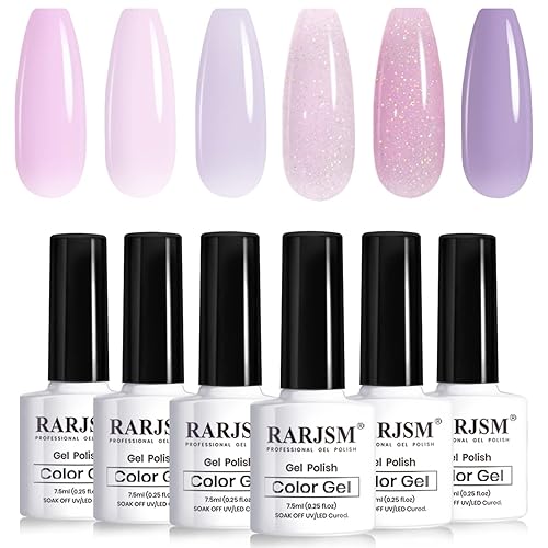 RARJSM Juego de 6 esmaltes de uñas de gel color nude con purpurina morada, 0.3 fl oz, color de gelatina brillante, violeta transparente,