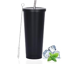 LATERN Iced Coffee Mug with Lid and Straw 750 ml Insulated Stainless Steel Cup Double-Walled Vacuum Travel Coffee Mug Reusable Water Cup Keeps Drinks Cold and Hot Black Pack of 1