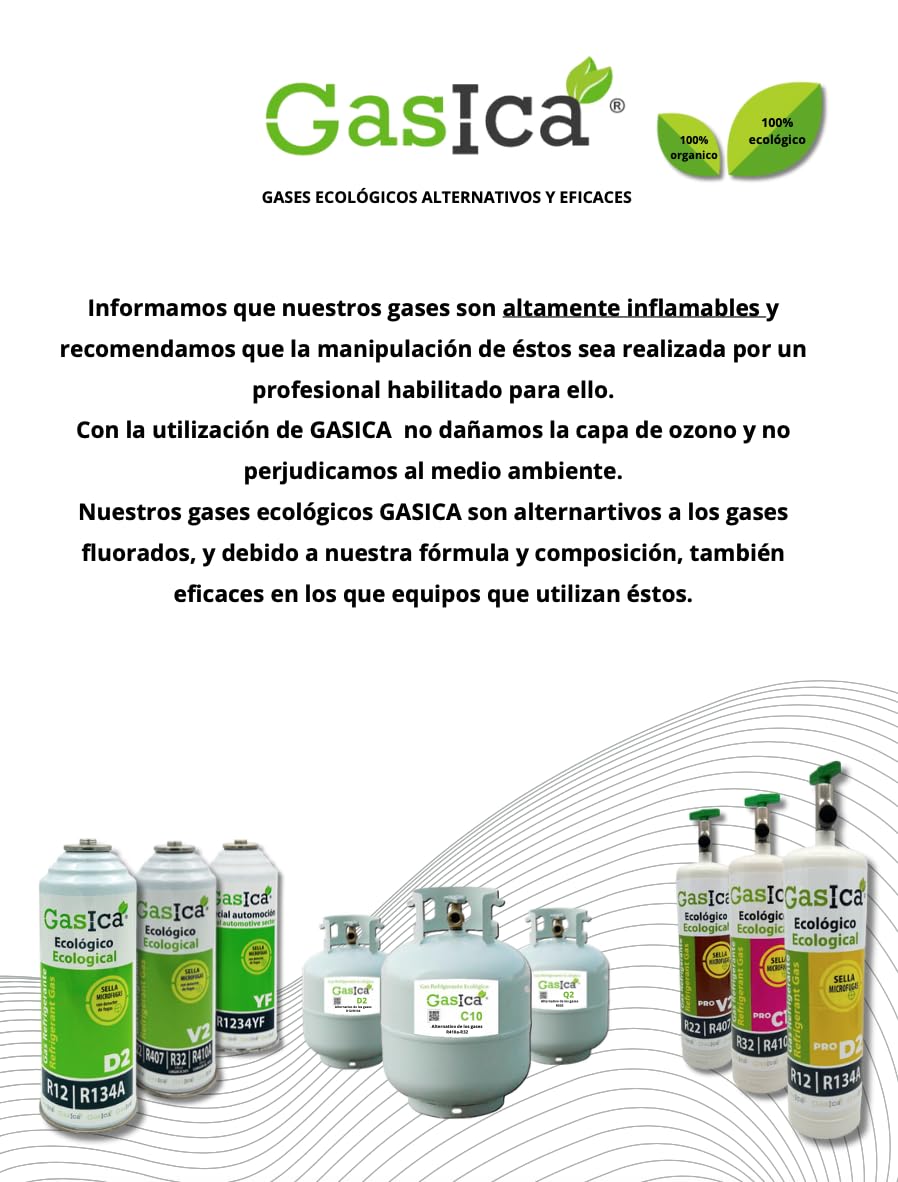 Gas Refrigerante Ecológico Orgánico GASICA D2 PRO Compatible con R134A y R12 – Pack de 3 Envases (Equivalente a 900 g) con Válvula Incluida