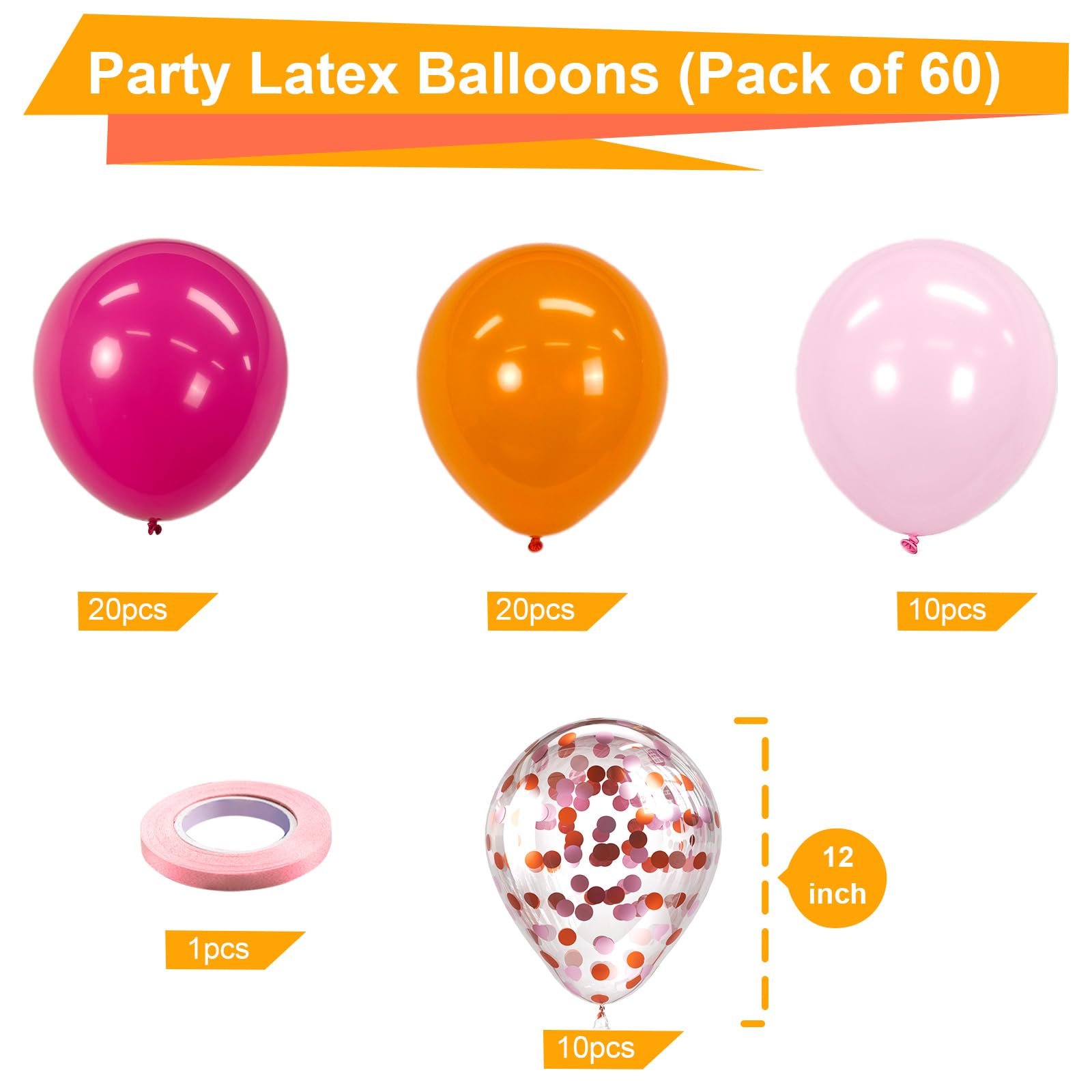 Bezente Pink and Orange Latex Balloons,60pcs 12 inch Light & Hot Pink Orange Confetti Balloons for Baby Shower, Birthday, Wedding, Tropical Party decorations