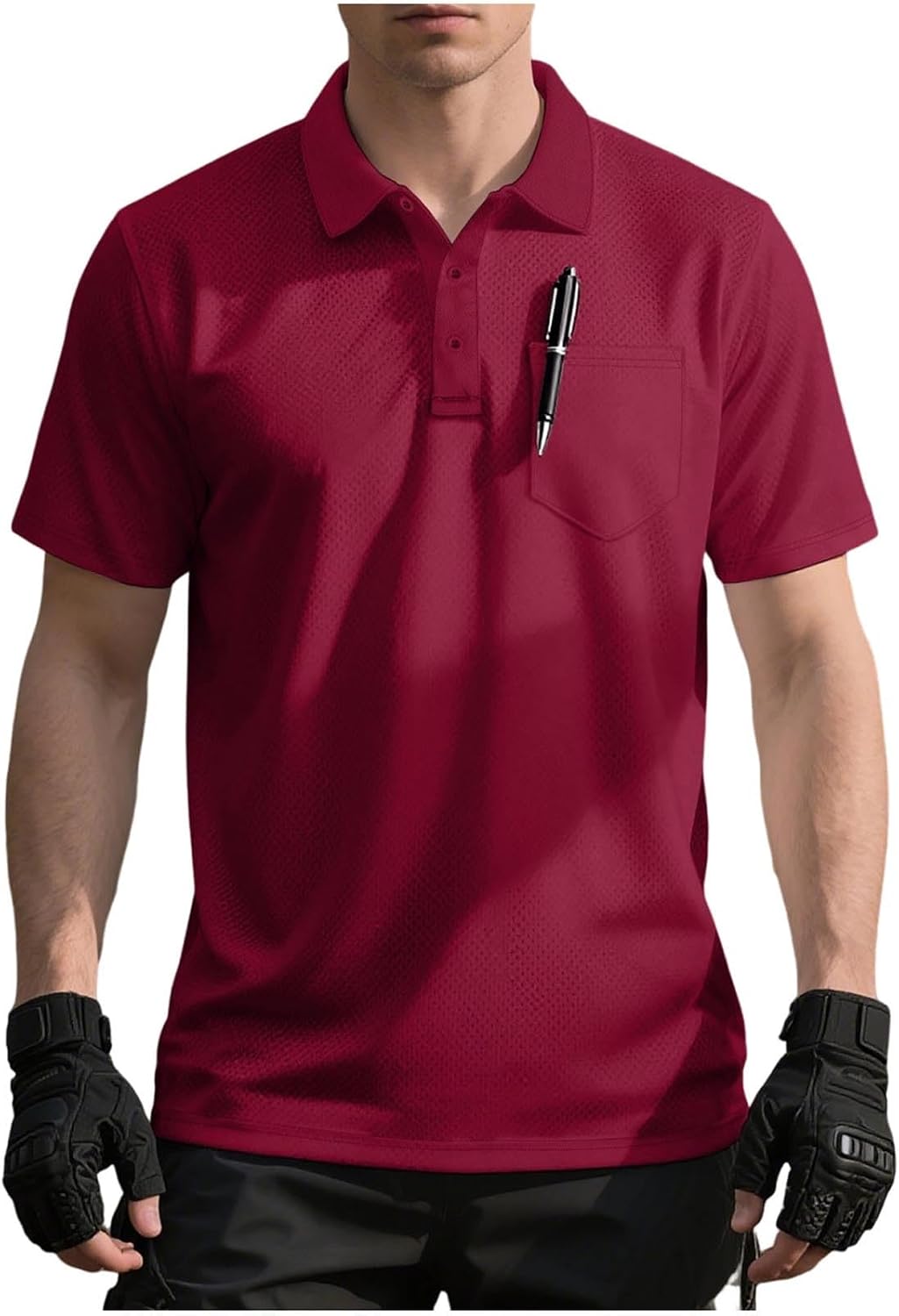 Men's Tactical Casual Shirt, Loose Fit Stretch Short Sleeve Button-Down Collared Tops with Pockets for Outdoor