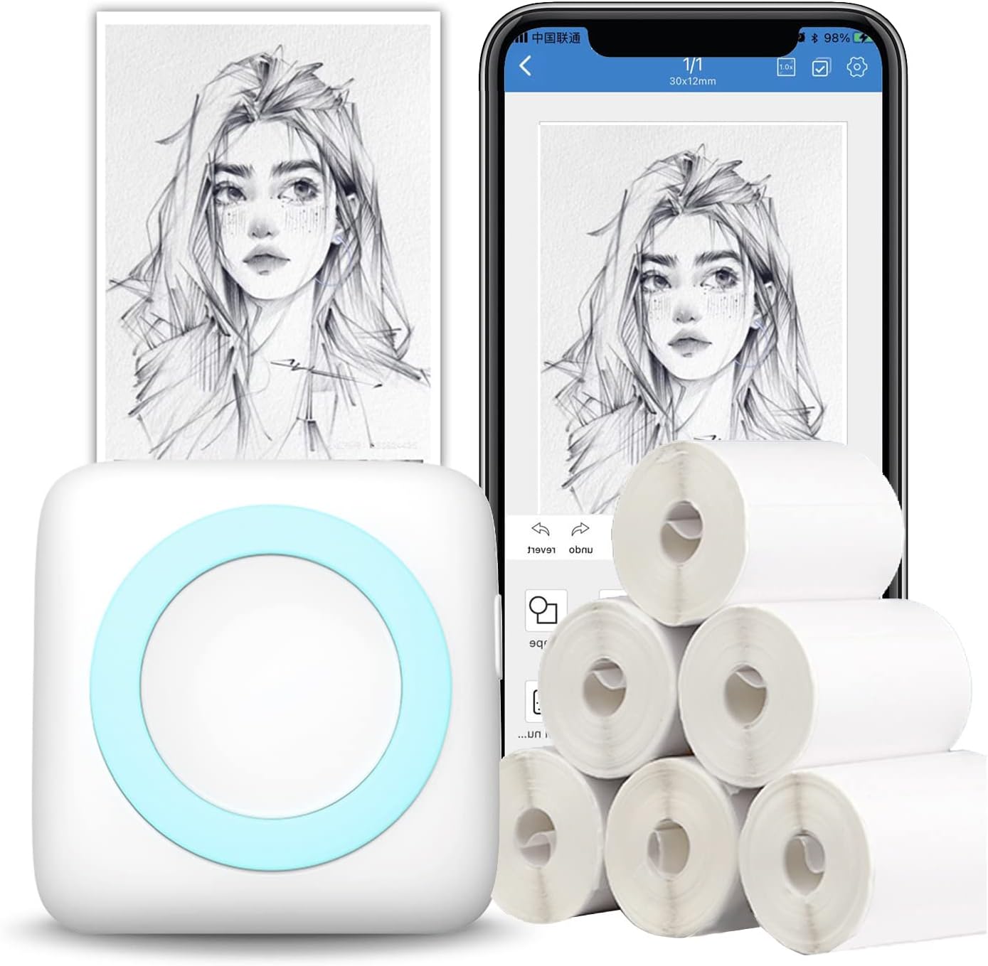 Mini Printer,Thermal Picture Printer,Sticker Printer,Wireless Bluetooth Receipt Printer for Printing Notes.Text.List.etc, 300DPI Compatible with Android/iOS (6 Rolls Thermal Paper)