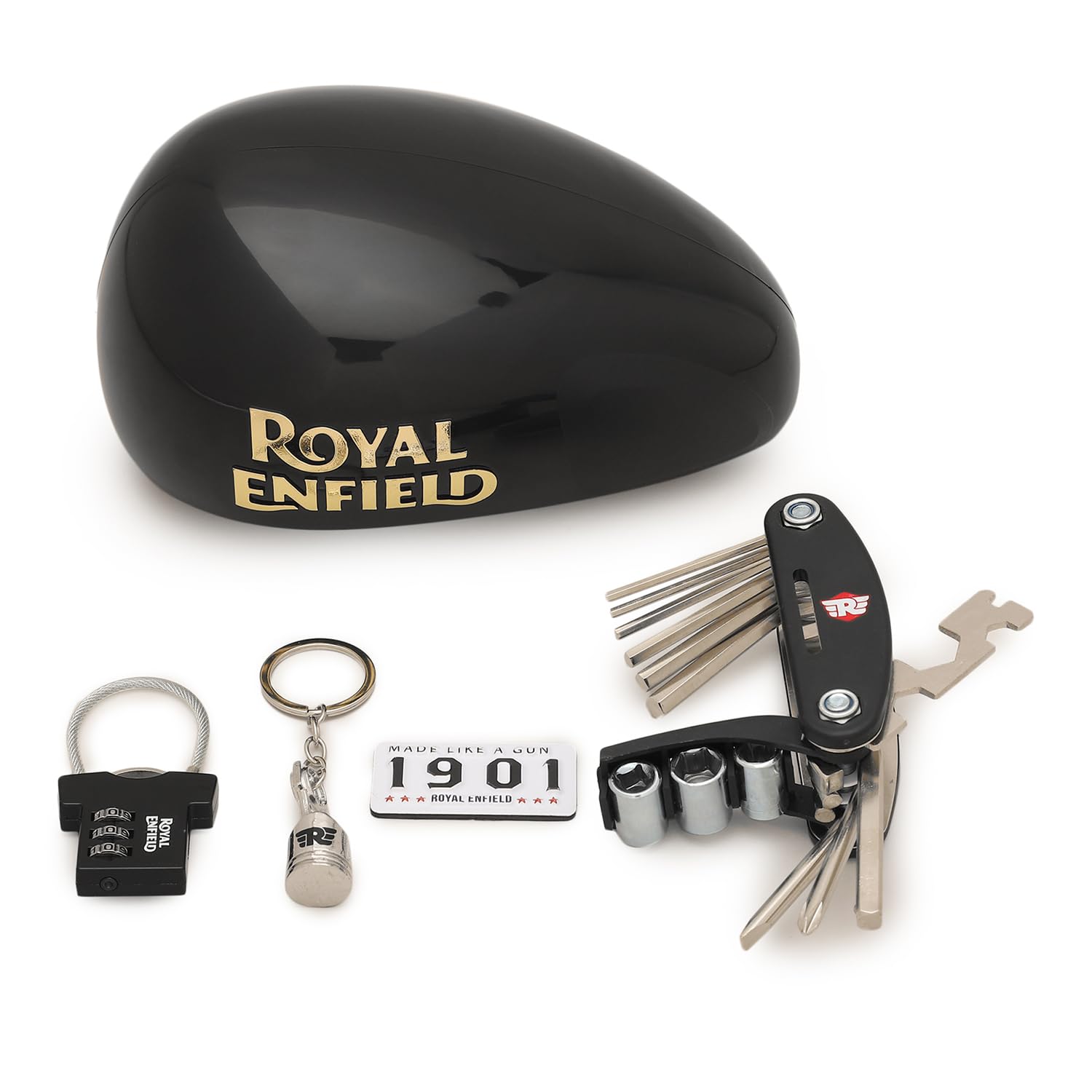 Royal Enfield Premium Welcome Kit wing logo piston keychain | MLG 1901 Fridge magnet | Number lock | Multi Tool allen key | For Gifitng Bike Enthusisats | Gift for man