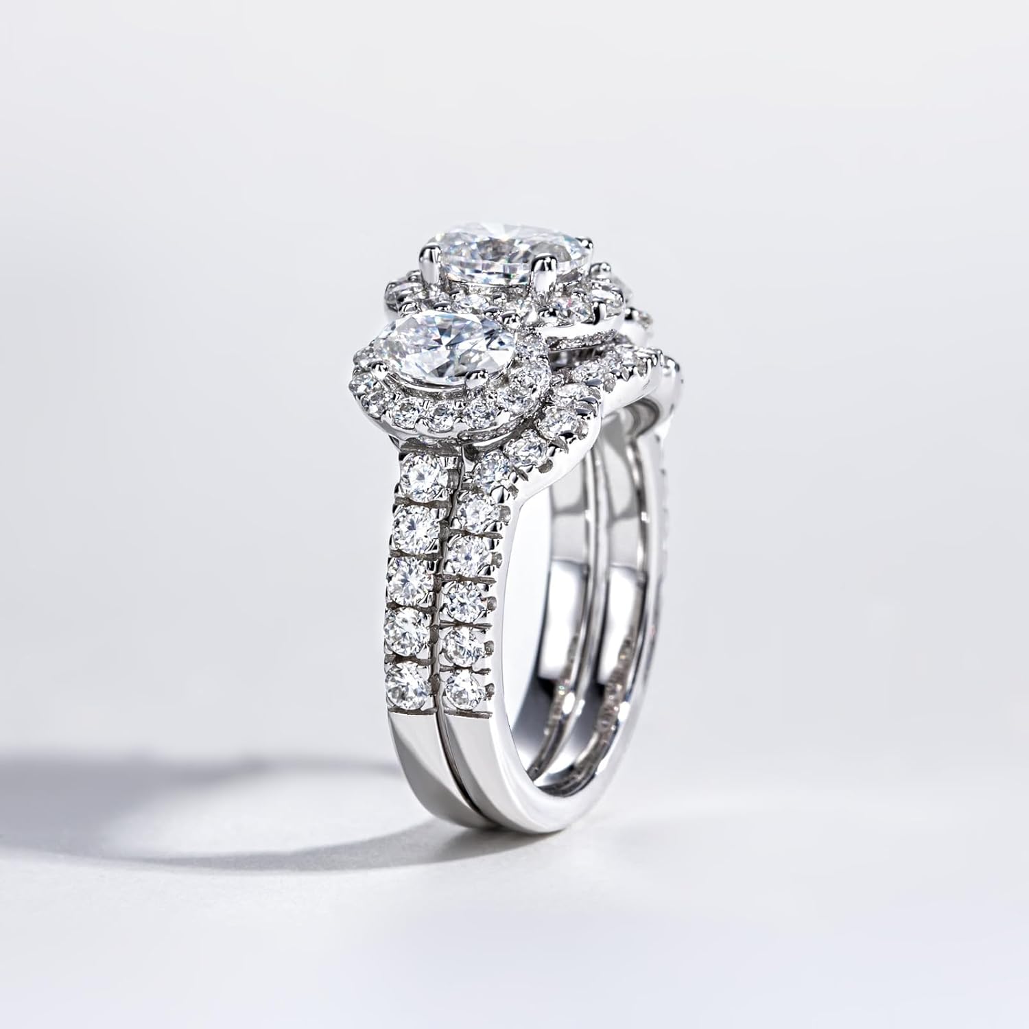 Moissanite Ring Set for Women 3 Stone Oval/Radiant Cut D Color VVS1 Platinum Plated 925 Sterling Silver - Image 5