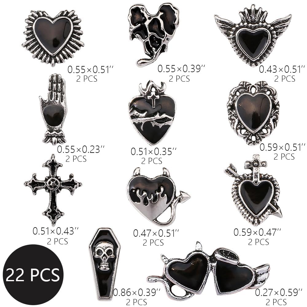Y2K 3D chrom kamień szlachetny zawieszki do paznokci czarny gotyk zestaw z krzyżem serce nagrobek czerwony retro wzory DIY bransoletka charmsy czarny czarny