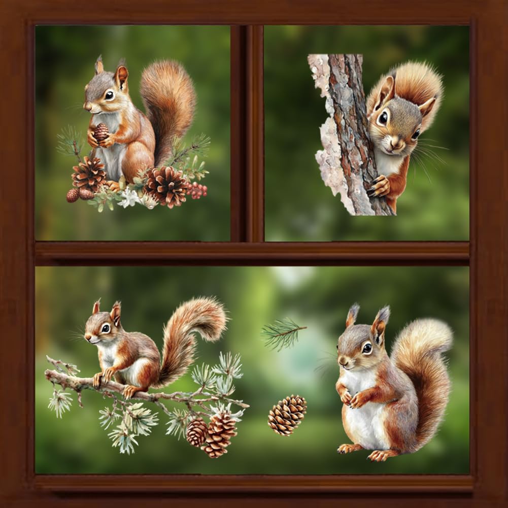 Peacoblue Squirrels and Pine Cone Window Decals, Large Static Cling Sticker