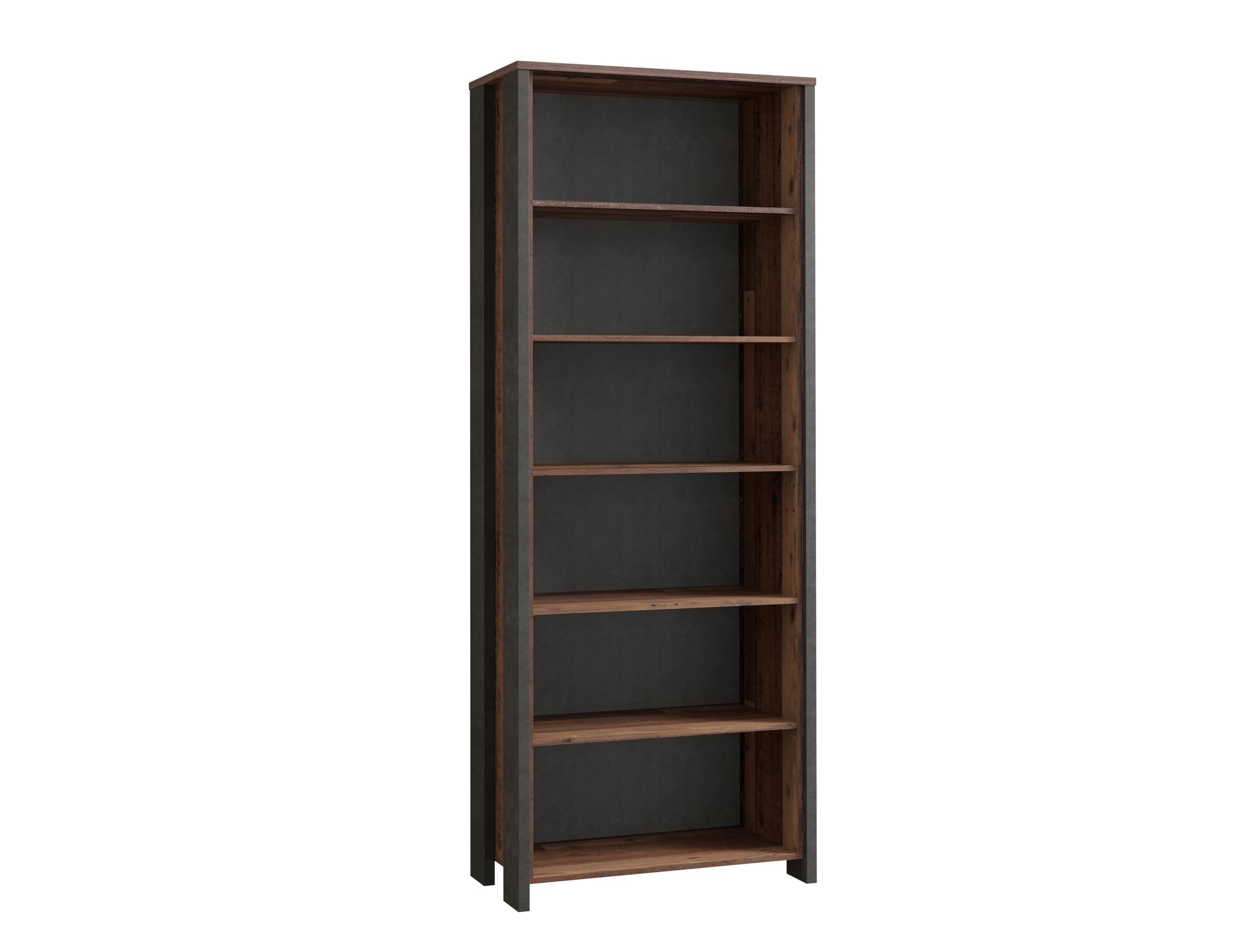 Forte Clif Bücherregal 80 90, Regal mit 5 Einlegeböden, Jugendzimmer, Büromöbel, Holzwerkstoff, Old Wood Vintage Holzdekor/Betonoptik Dunkelgrau, 86,7 cm breit x 220,7 cm hoch x 41,6 cm tief