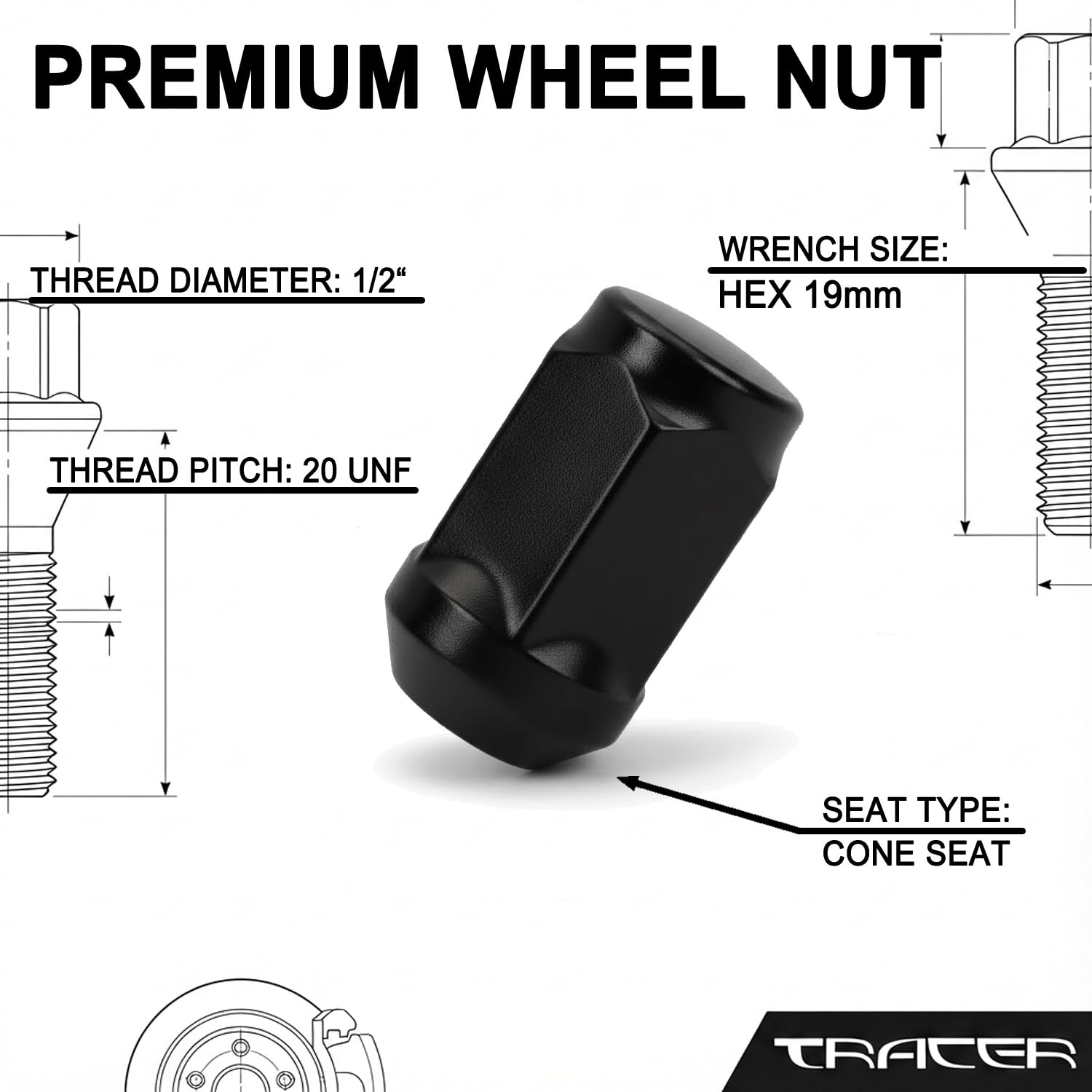 20 dadi ruota collare conico nero chiuso 1/2 pollice X20 UNF compatibile con Ford, Jaguar, Cadillac, Dodge, Aston Martin