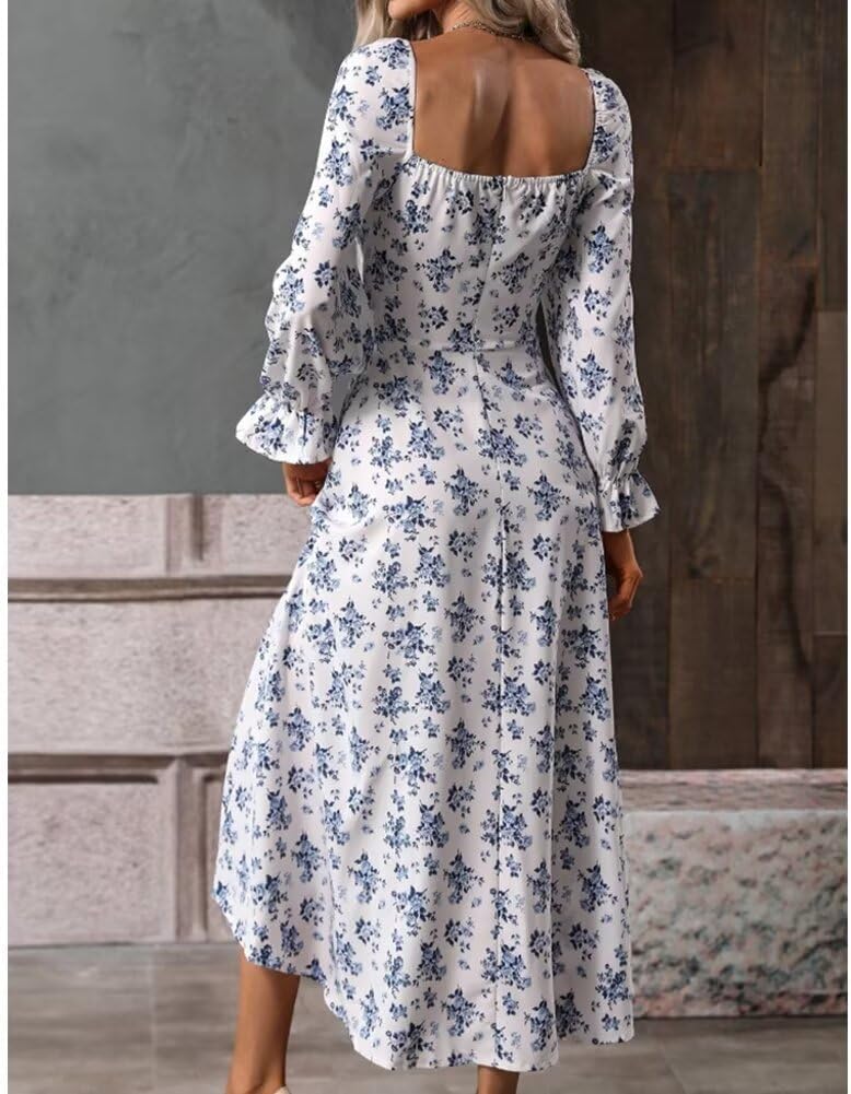 Women’s Floral Square Neck Maxi Dress Bubble Long Sleeve Side Slit Flowy Boho Dresses - Image 2