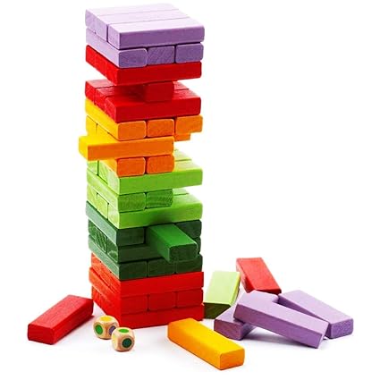HRK 54 Pieces Wooden Color Blocks Toppling Tower - Colored Stacking Timbers Tower Game Board Games Dominoes Blocks for Kids Family