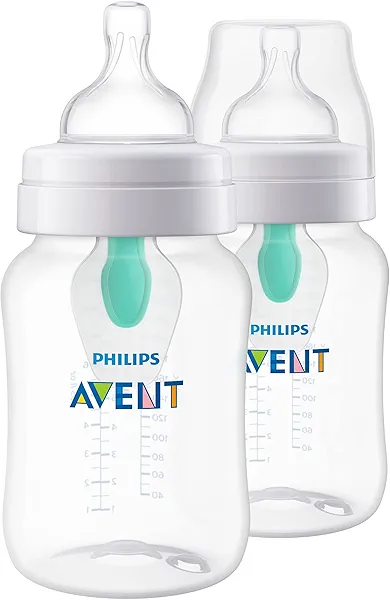 Philips Avent Anti-Colic Baby Bottle with AirFree Vent, 9oz, with Flow 2 Nipples, 1m+, 2pk, Clear, SCY703/02