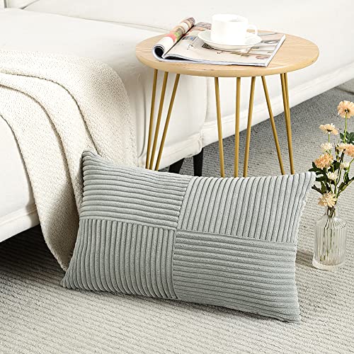 Image of Fancy Homi Grey Lumbar Decorative Throw Pillow Covers 12x20 Inch for Living Room Couch Bed Sofa, Rustic Farmhouse Boho Home Decor, Soft Striped Corduroy Rectangle Accent Cushion Case 30x50 cm