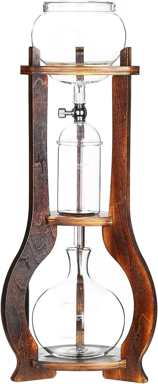 Ice Drip Coffee Maker, 600ml Glass Cold Brew Coffee Maker, with Wood Bracket, Flow Rate Control Valve, for Making 6-8 Cup, Coffee Shops, Cafes, and Offices