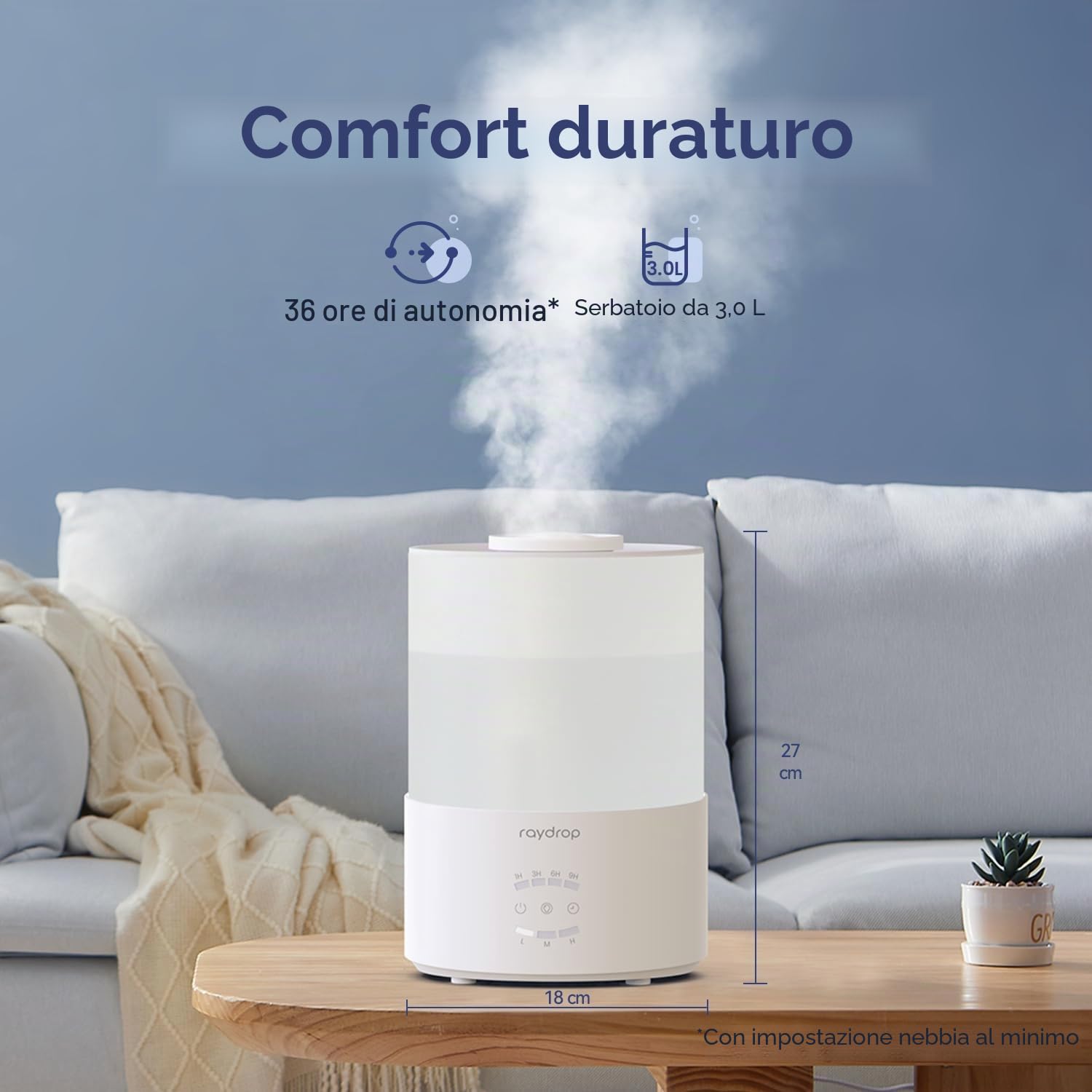raydrop Umidificatore per camera da letto, 3 l, a ultrasuoni, per ambienti di grandi dimensioni e casa, umidificatore per neonati e piante, diffusore di aromi con luce LED, timer e spegnimento