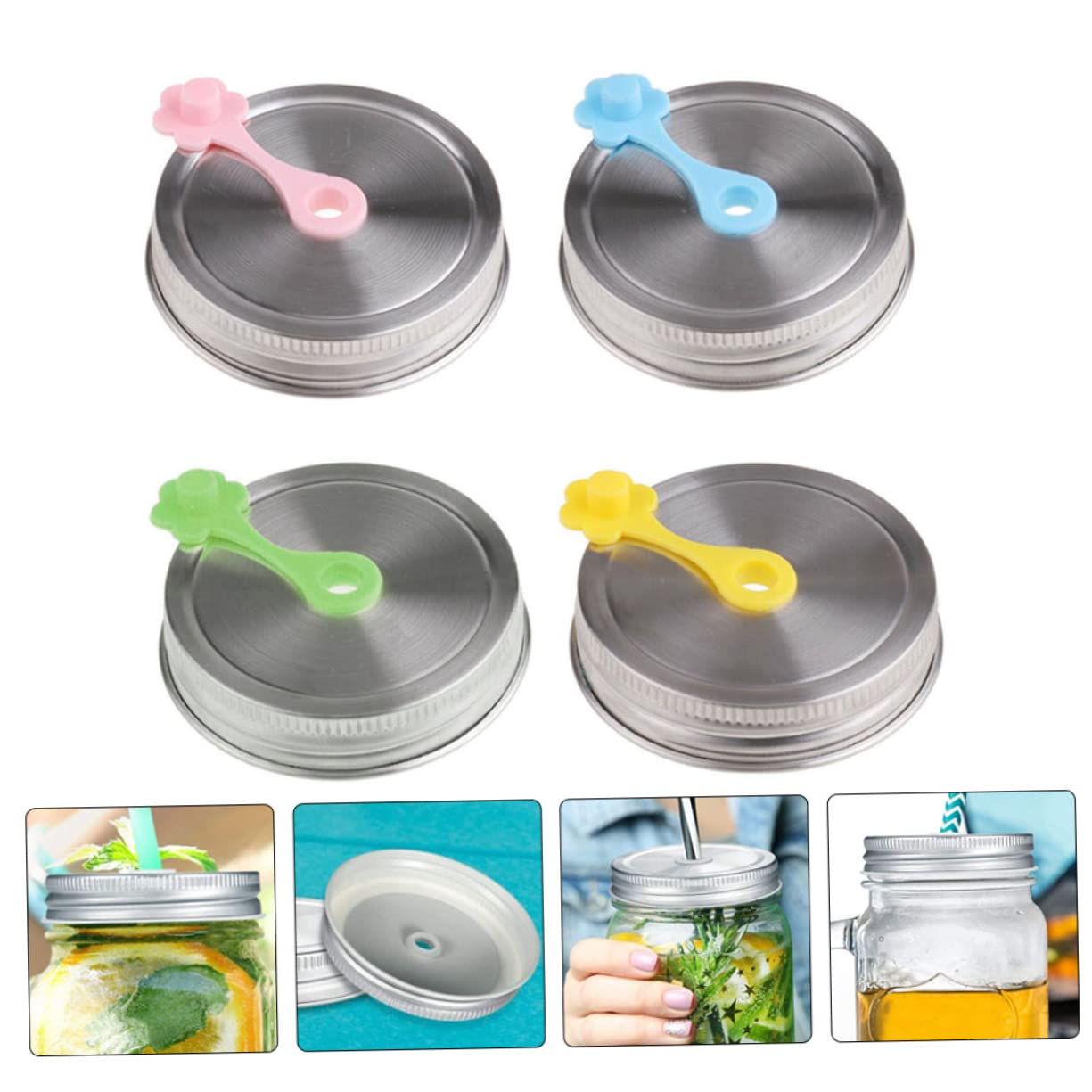 Amosfun 16 Juegos Cubierta Perforada de Acero Inoxidable Tarro de albañil Tapas Selladas Tapa de la Taza del Tarro de albañil Accesorio de conservas Suministro de Botella de Vidrio Silver