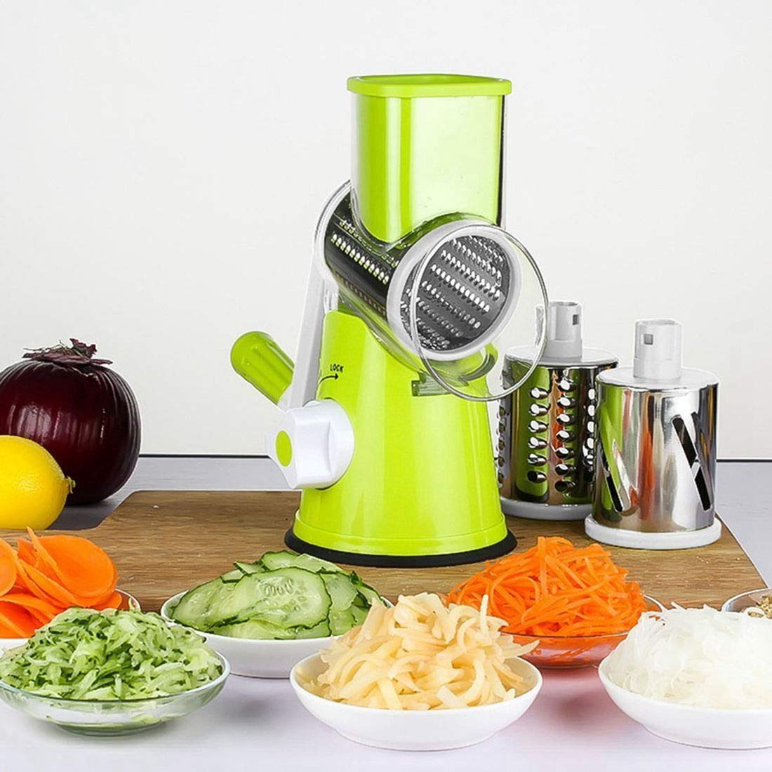 LEKOCH Manual Mandoline Slicer Vegetable Fruit Cutter Cheese Shredder Rotary Drum Grater Nuts Grinder-3 Interchangeable Stainless Steel Blades