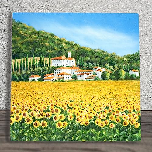 Global Designs Sunflowers Ceramic Tile Picture Floral Plaque Floral Italian Villa Wall Art By P Didoux 20x20cm
