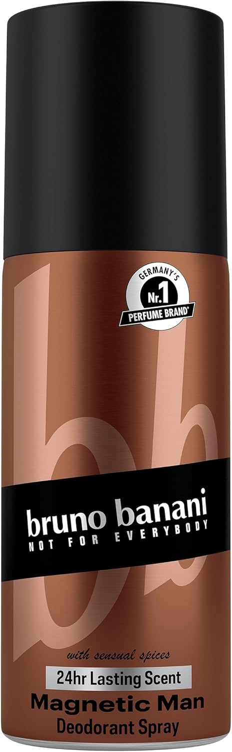 Bruno Banani Magnetic Man Deodorant Body Spray for Men, amberachtig houtachtig, 24 uur langhoudende spray, vegan formule 150 ml