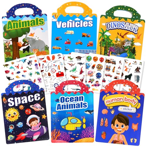 Livre d'autocollants réutilisables，Lot de 6 livres d'autocollants réutilisables pour enfants de 2 à 6 ans, Cadeaux d'anniversaire Filles Garçons
