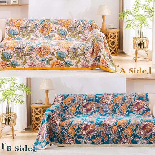 Image of XIBLC Boho Throw Blanket for Bed, 100% Cotton Soft Rustic Quilt Fall Blanket, 50 inchx60 inch Floral Printed Farmhouse Decor Bed Blankets, All Season Rustic Reversible Bohemian Throw Quilt