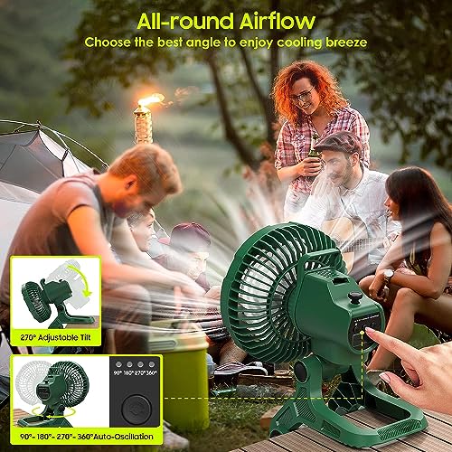 22000mAh-Portable-Camping-Fan-with-LED-Lantern-360Auto-Rotating-Outdoor-Tent-Fan-Rechargeable-Battery-Operated-USB-Clip-On-Desk-Fan-with-Stepless-Speed-Timer-Hanging-Hook-for-Outdoor-Home-Green
